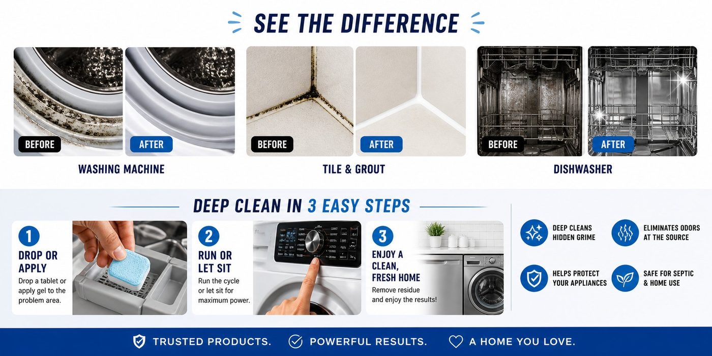 See the difference: before-and-after results on washing machines, tile and grout, and dishwashers. Deep clean in 3 easy steps. Trusted products. Powerful results.