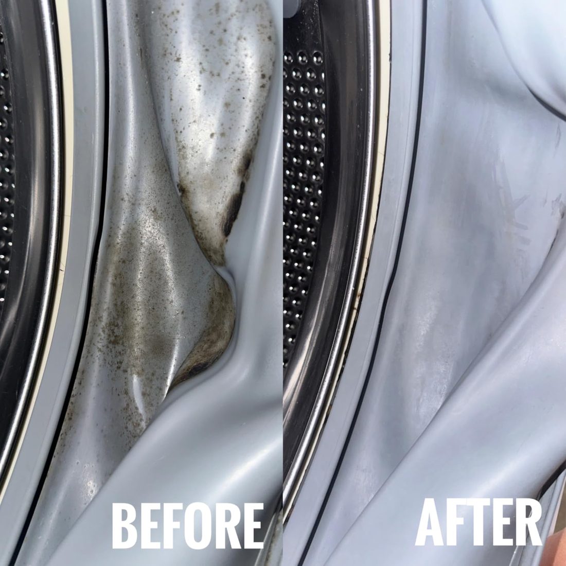 Side-by-side before and after of a front-loader washer gasket — heavily moldy on the left, clean on the right